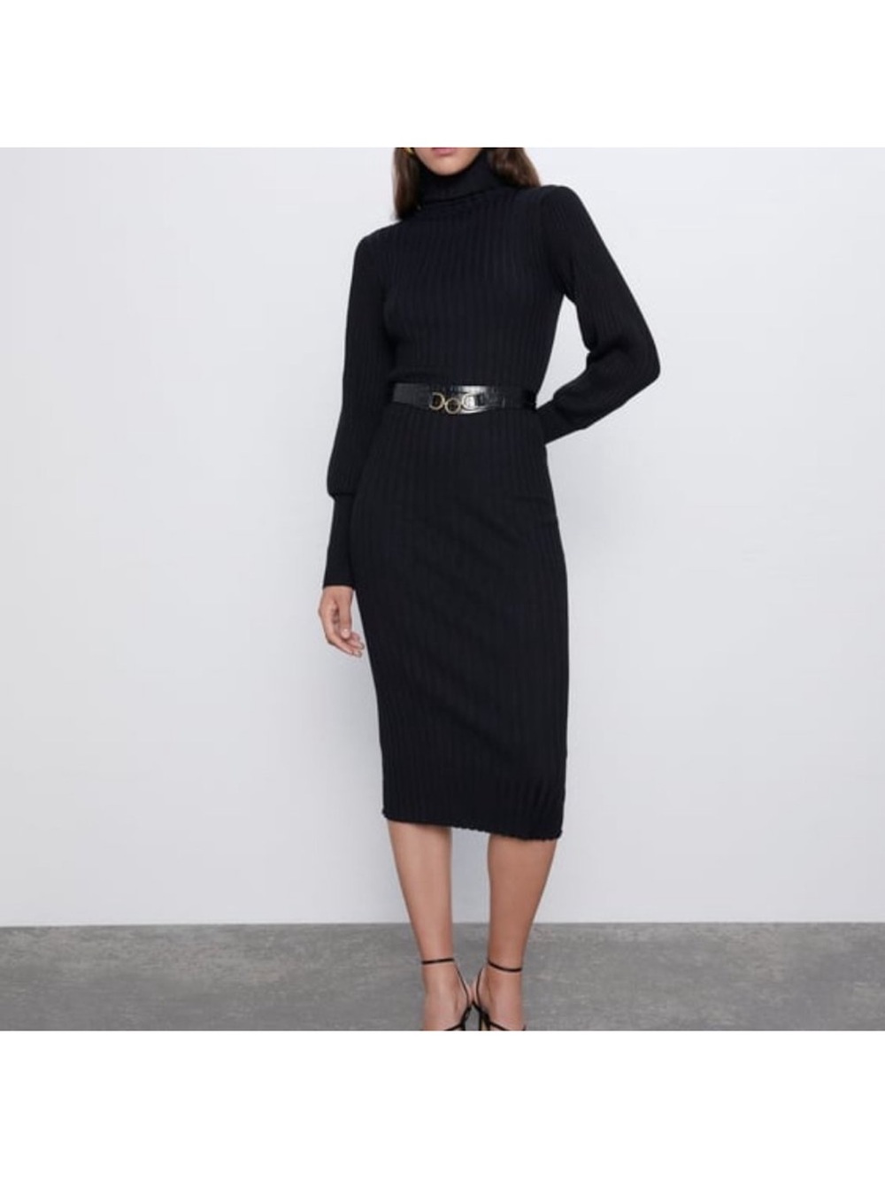 Turtleneck Long Sleeve Ribbed Midi Dress in Black